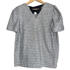 Vintage 80s Black Gray Structured Short Sleeve Blouse Women Medium Striped Print